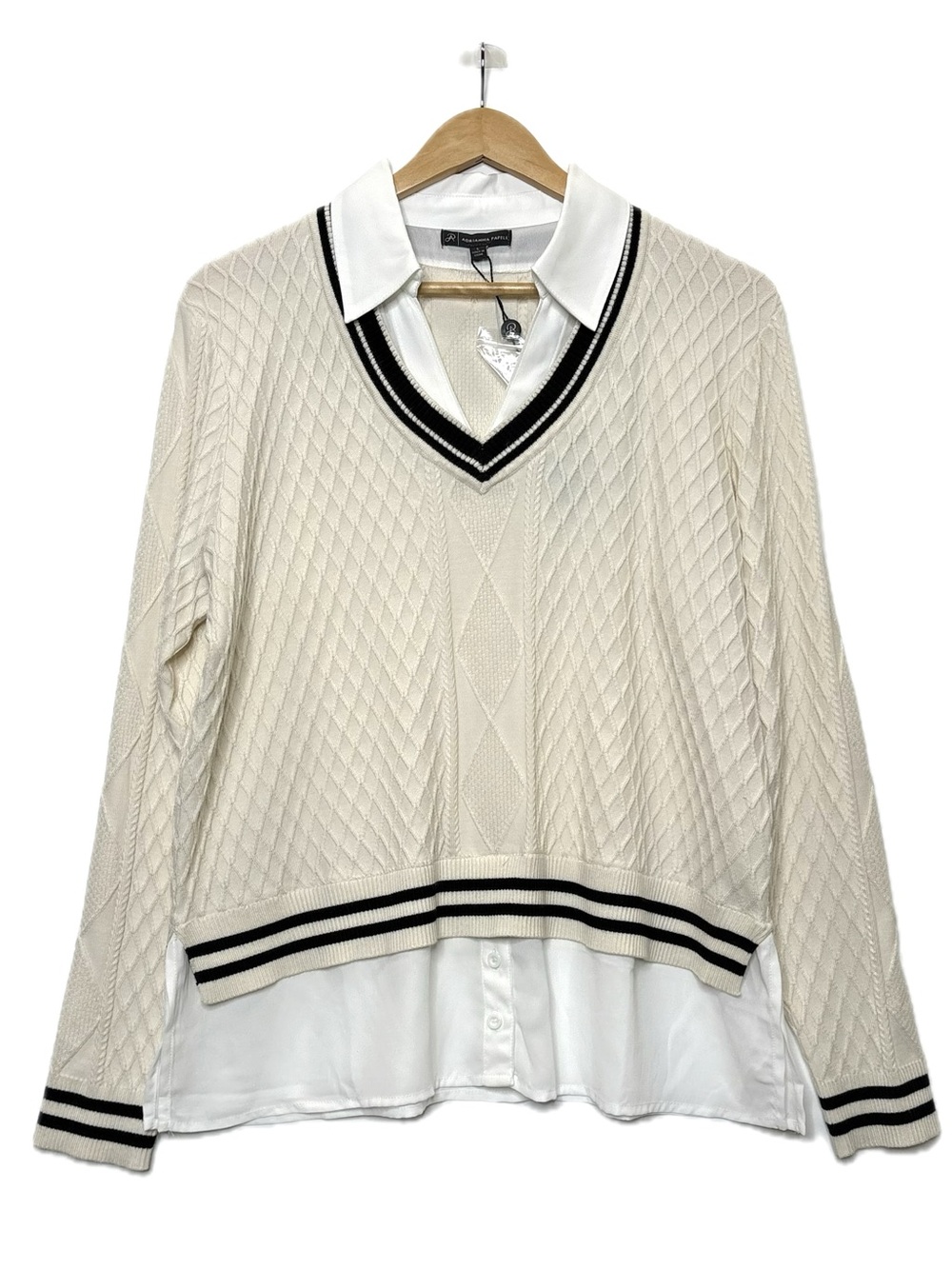 NWT Adrianna Papell Cable Knit V-Neck Twofer Sweater Womens Size Large Cream